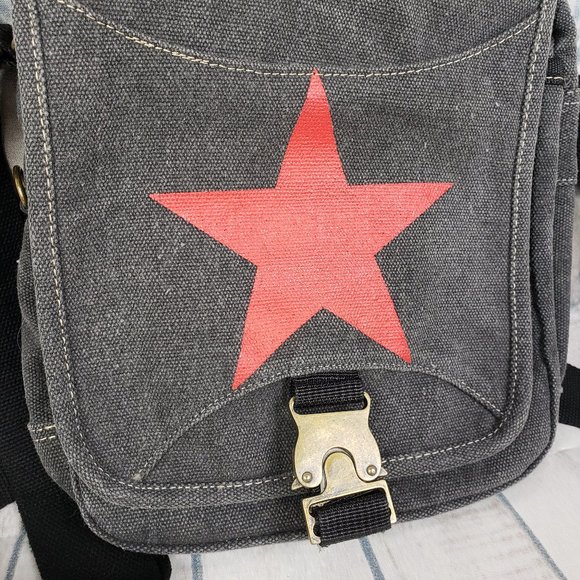 Vintage 90s Canvas Crossbody Bag Red Star Gray - Picture 12 of 13